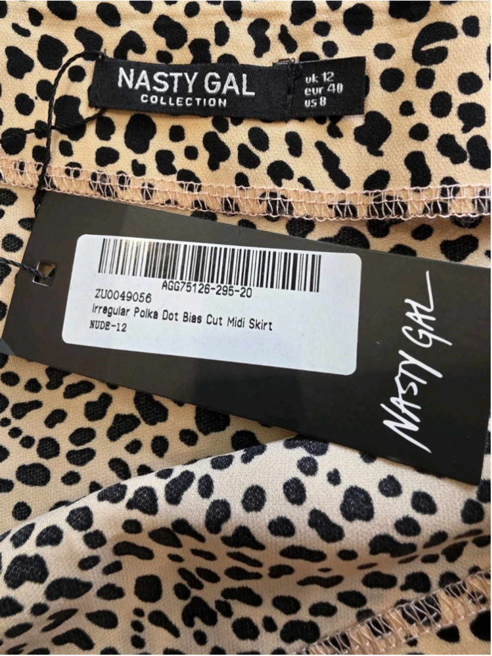 Nasty Gal NWT Polka Dot Midi Skirt Women’s US 8 Beige Black Bias Cut Slip Skirt - Picture 7 of 10